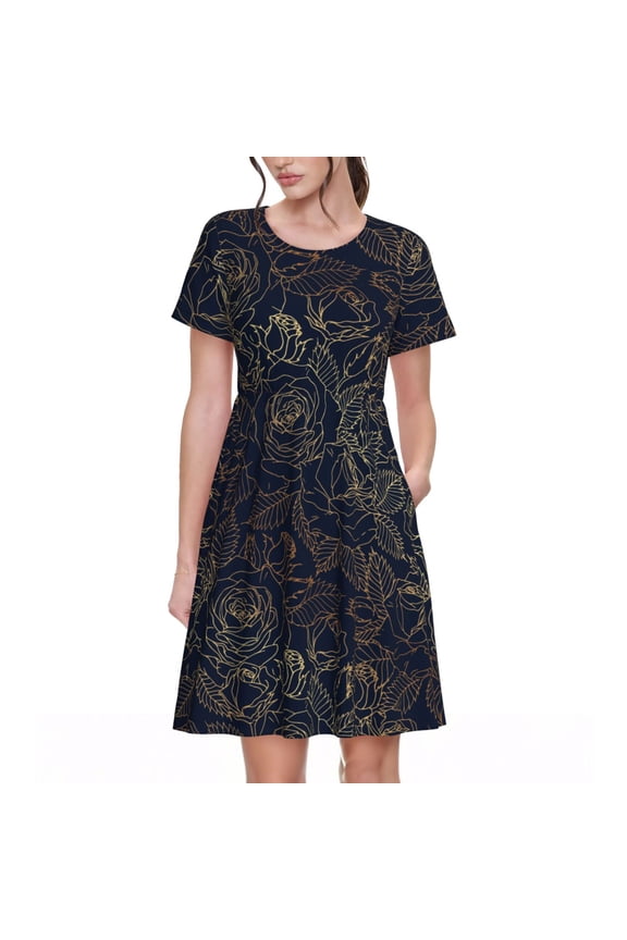 Copper-Gold Gloss Outline Rose for Womens Summer 2025 Casual Midi Maxi Dresses Lightweight Short Sleeve Round Neck Beach Dress -X-Large