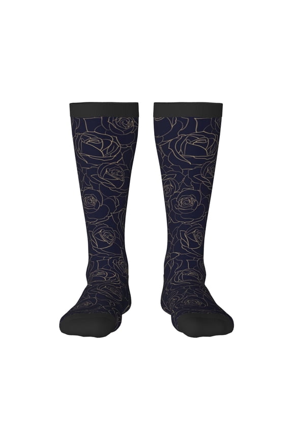 Copper-Gold Gloss Outline Rose1 Print Thigh High Socks Extra Long Stretchy Sock Women Over Knee High Opaque Stocking Daily Wear