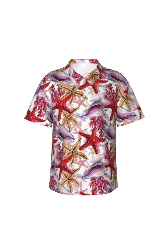 Coral Reef Print Men's Hawaiian Shirts Button Down Tropical Holiday Beach Shirts Vacation Clothes,Medium