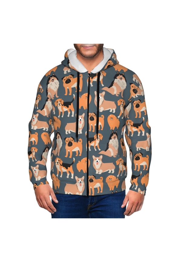 Corgi Collie Pug Mens Hoodies Zip Hoodie, Hoodies for Men, Zip-up Hooded Sweatshirt-Small