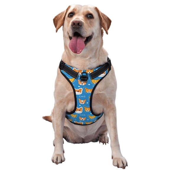 Vsdgher Corgi Dog Face Pattern Dog Harness,No Pull Pet Harness with Soft Padded Handle,Adjustable Reflective Vest with 2 Buckles,4 Slide Buckles,S-XL