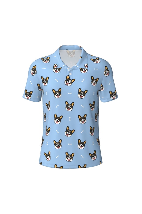 Vsdgher Corgi Dog Print Men's Short Sleeve Stretch Polo Shirt, Moisture-Wicking Performance Polo Shirt