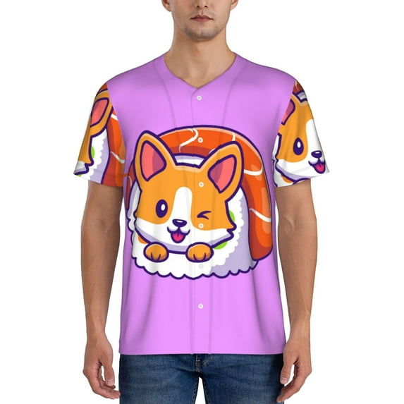 Vsdgher Corgi In Sushi Roll Mens T-Shirts Baseball Vintage Fashionable Lightweight Casual Crew Neck Slim Fit with Long Sleeves-4X-Large