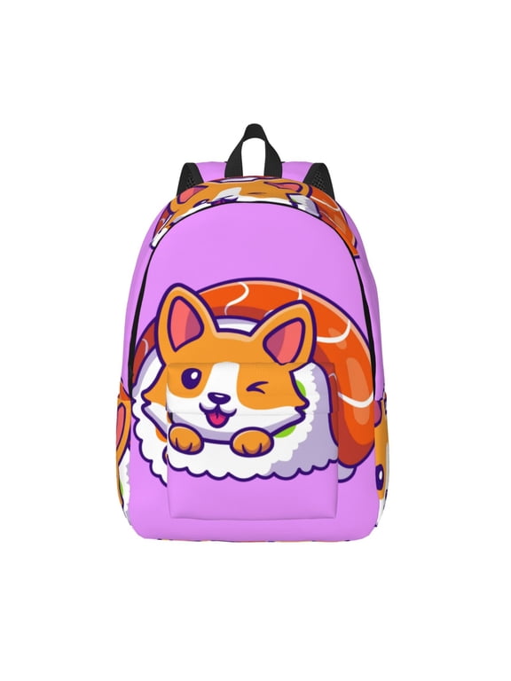 Corgi In Sushi Roll Print Canvas Backpack Travel Rucksack Unisex Knapsack 15.7/17.7Inch Laptop Backpack for Work,College -Small