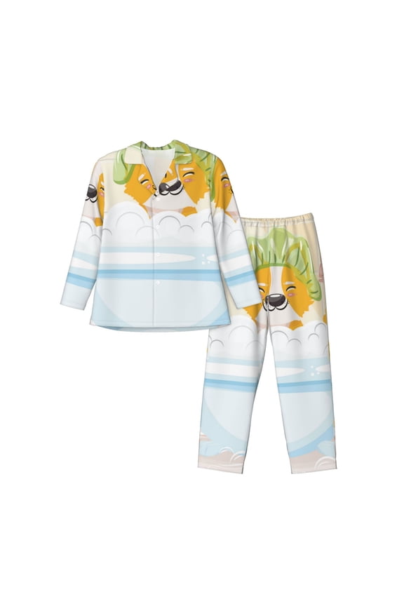 Corgi In The Shower Cap Bathing Mens Pajama Set, Soft Warm Long Sleeve Sleepwear, Cozy Button-Down Pjs for Men-Small