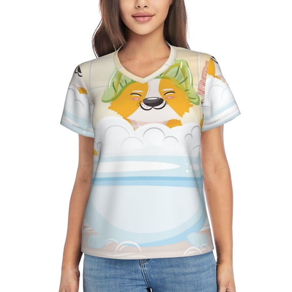 Vsdgher Corgi In The Shower Cap Bathing Women Shirts V Neck Short Sleeve Tops T-Shirt Basic Tees, S to 3XLMedium