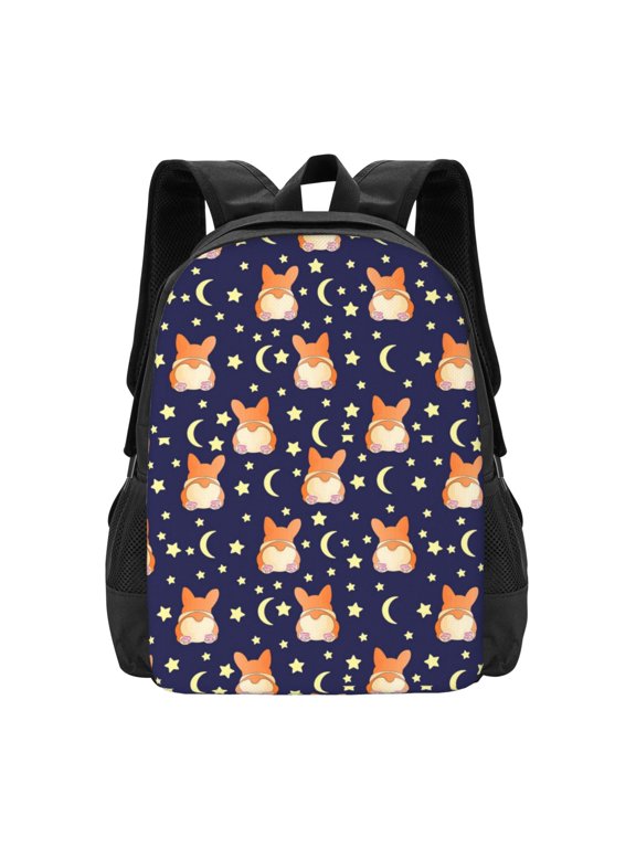 Corgi Lying With Moons And Stars Print Backpack for Women Men School Bookbag with Laptop Compartment for College Work Travel, Simple Fashion Casual Daypack, Fit 15" Laptop