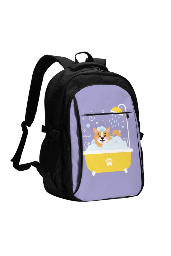 Corgi Washing in Bathtub Print Travel Laptop Backpack, Laptops Backpack with USB Charging Port, Water Resistant Computer Bag Gift for Men & Women