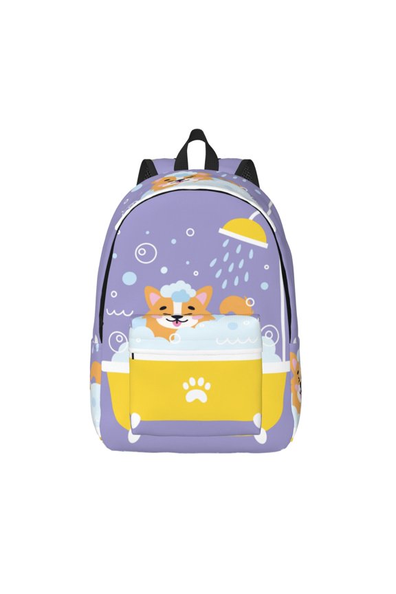 Corgi Washing in Bathtub Print Canvas Backpack Travel Rucksack Unisex Knapsack 15.7/17.7Inch Laptop Backpack for Work,College -Medium