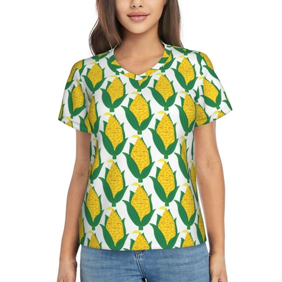 Vsdgher Corn Cob Women Shirts V Neck Short Sleeve Tops T-Shirt Basic Tees, S to 3XLX-Large