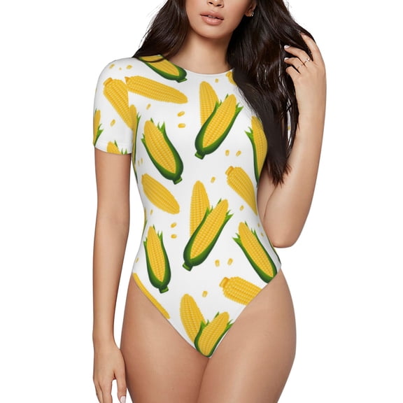 Vsdgher Corn On The Cob Prinr Short Sleeve Body suit for Womens, Sexy Onesie One Piece Round Neck Bodysuit Shapewear Tummy Control-Medium