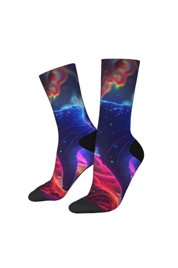 Cosmic Cat Psychedelic Journey Crew Socks for Men & Women, Breathable Casual Athletic Ankle Socks