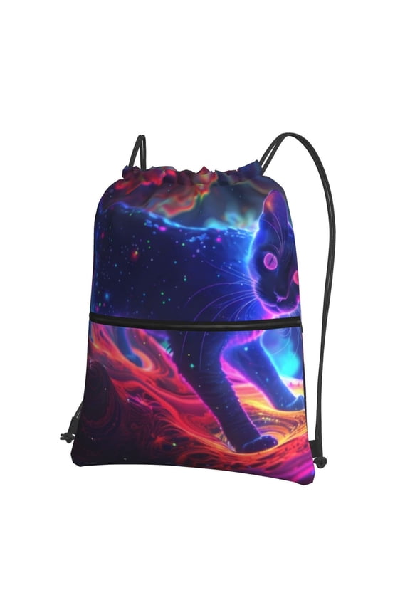 Cosmic Cat Psychedelic Journey Drawstring Backpack Water Resistant String Bag Sports Sackpack Gym Sack for Men Women