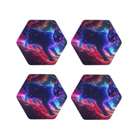 Vsdgher Cosmic Cat Psychedelic Journey Leather Coasters for Drinks, Durable Drink Coasters 4 Set for Tabletop Protection, Luxurious Home Décor and Housewarming Gift-Hexagon