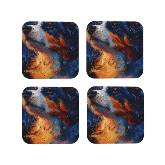 Vsdgher Cosmic Dog Starry Night Leather Coasters for Drinks, Durable Drink Coasters 4 Set for Tabletop Protection, Luxurious Home Décor and Housewarming Gift-Square