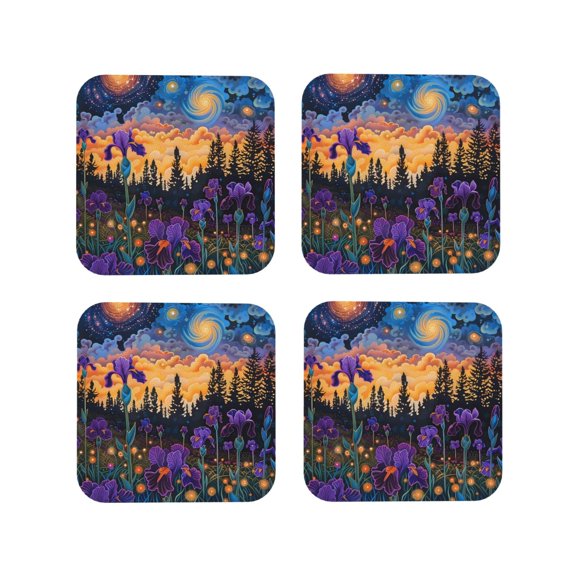 Vsdgher Cosmic Irises At Twilight Leather Coasters for Drinks, Durable Drink Coasters 4 Set for Tabletop Protection, Luxurious Home Décor and Housewarming Gift-Square