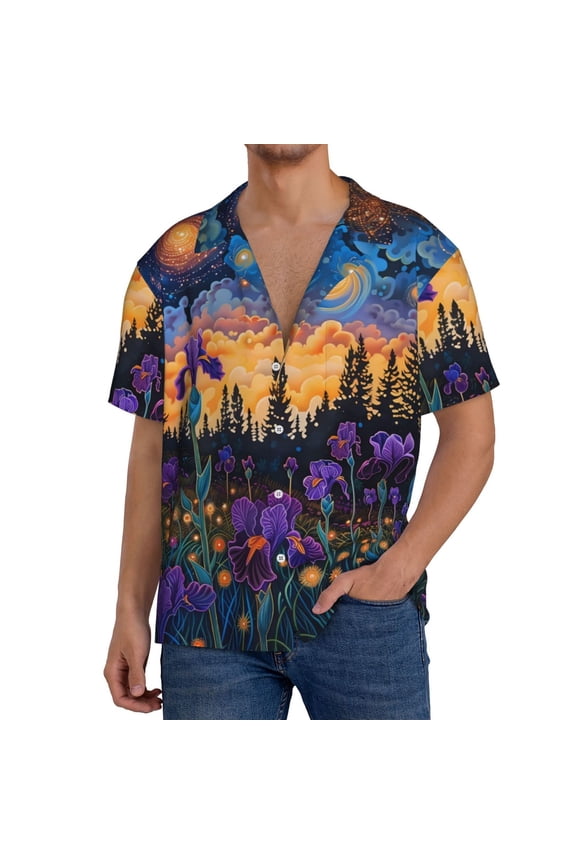 Cosmic Irises At Twilight Men's Cuban Shirt, Hawaiian Shirts, Business Casual Button Down Shirts, Short Sleeve Shirt-4X-Large
