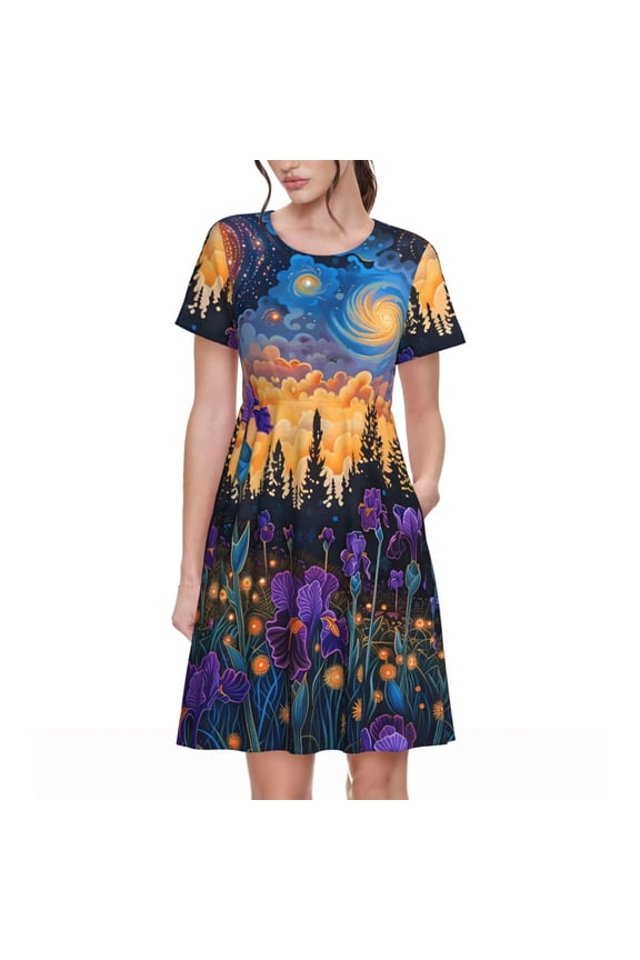 Cosmic Irises At Twilight for Womens Summer 2025 Casual Midi Maxi Dresses Lightweight Short Sleeve Round Neck Beach Dress -3X-Large