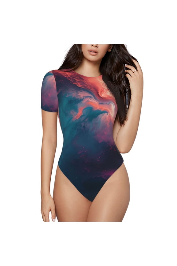 Cosmic Paint Swirl Prinr Short Sleeve Body suit for Womens, Sexy Onesie One Piece Round Neck Bodysuit Shapewear Tummy Control-Large