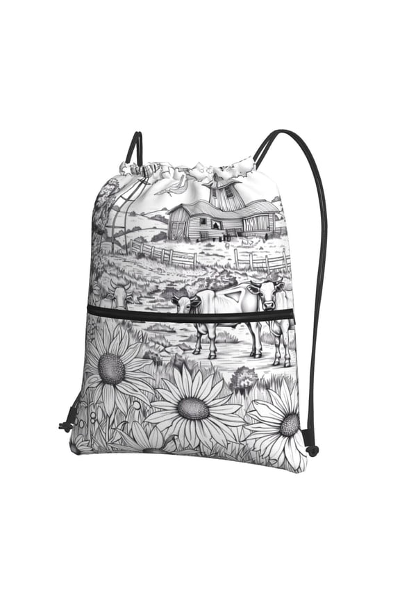 Country Farm Scene Drawstring Backpack Water Resistant String Bag Sports Sackpack Gym Sack for Men Women