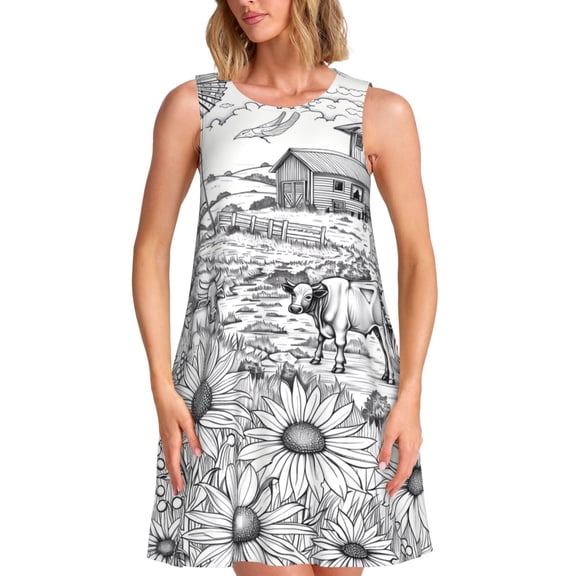 Vsdgher Country Farm Scene Print Summer Dresses for Women Casual U Neck Beach Dress Sleeveless Tank Loose Sundress with Pocket -Small
