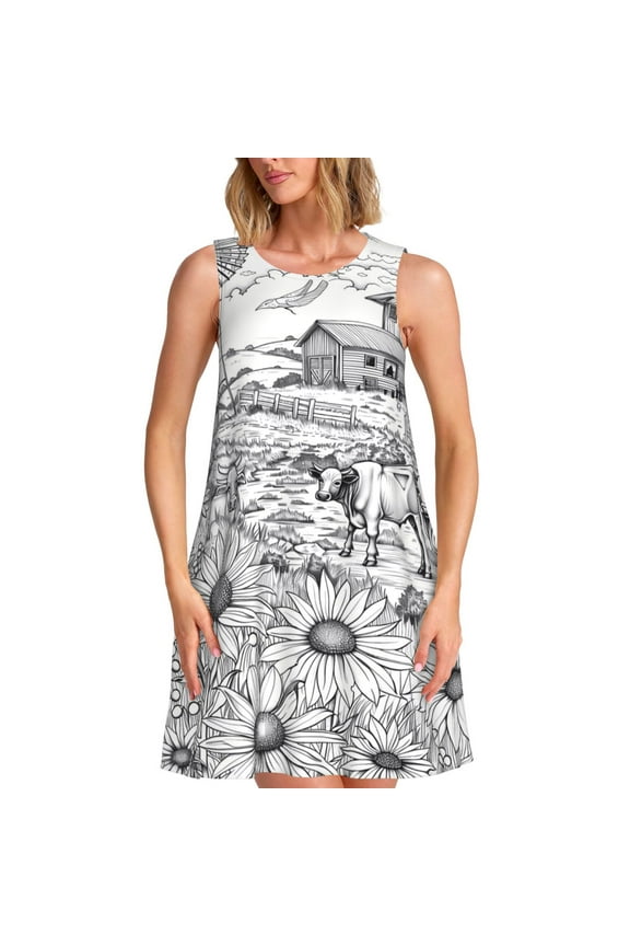 Country Farm Scene Print Summer Dresses for Women Casual U Neck Beach Dress Sleeveless Tank Loose Sundress with Pocket -X-Large