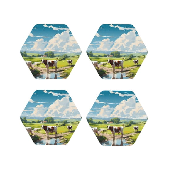 Vsdgher Countryside Farm Cow Leather Coasters for Drinks, Durable Drink Coasters 4 Set for Tabletop Protection, Luxurious Home Décor and Housewarming Gift ( {designName})Hexagon