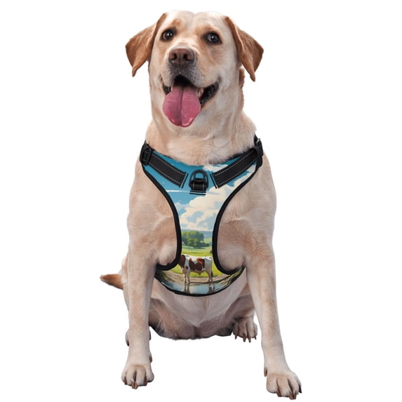 Vsdgher Countryside Farm Cow Pattern Dog Harness,No Pull Pet Harness with Soft Padded Handle,Adjustable Reflective Vest with 2 Buckles,4 Slide Buckles,S-XL X-Large