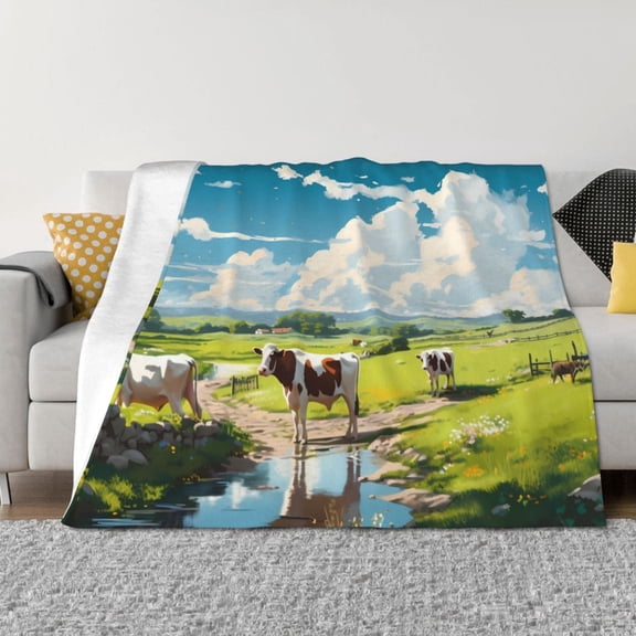 Vsdgher Countryside Farm Cow Pattern Fleece Throw Blanket, Horizontal Fleece Bedding Home Decor for Couch & Bed All Season Use -50"x40"