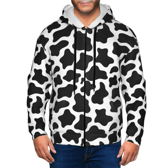 Vsdgher Cow Print Black White Mens Hoodies Zip Hoodie, Hoodies for Men, Zip-up Hooded Sweatshirt-XX-Large