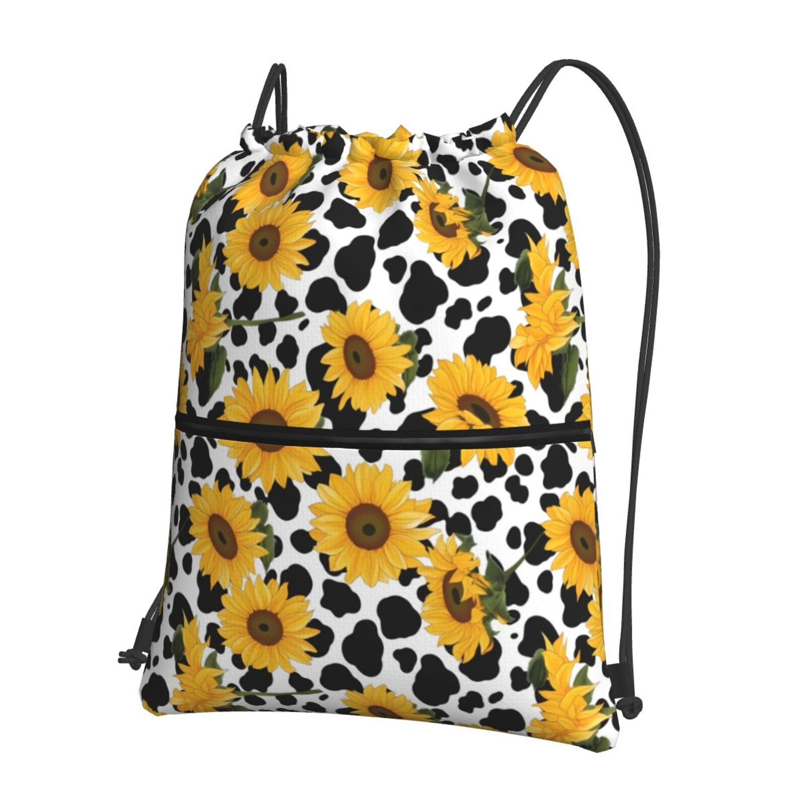 Vsdgher Cow Print Sunflower Drawstring Backpack Water Resistant String Bag Sports Sackpack Gym Sack for Men Women