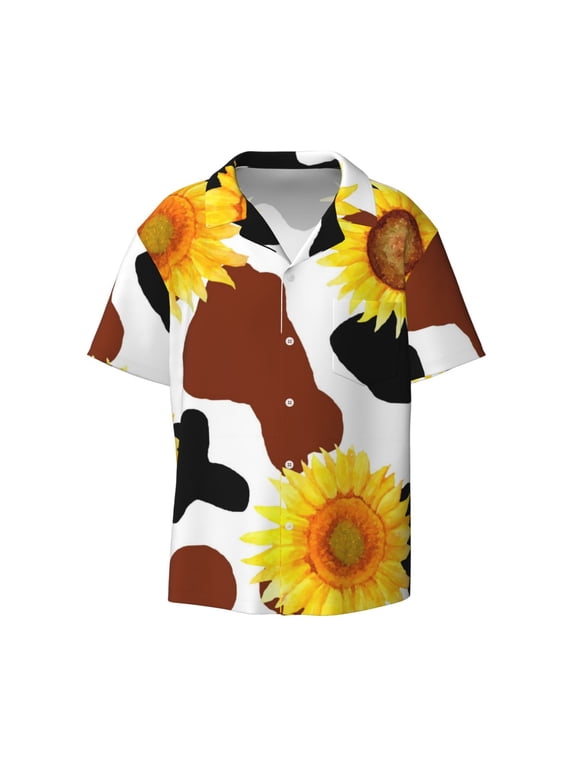 Cow Print Sunflower Print Men's Wrinkle Free Untucked Cuban Shirt Business Casual Button Down Shirts Short Sleeve Shirt