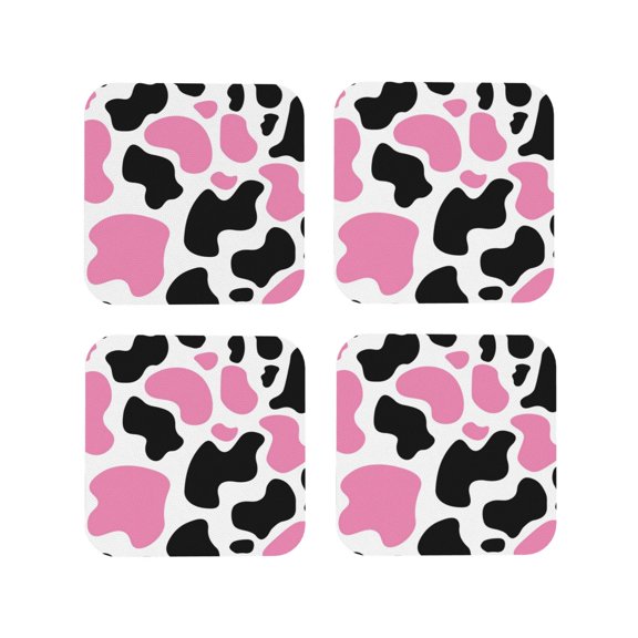 Vsdgher Cow Spots Leather Coasters for Drinks, Durable Drink Coasters 4 Set for Tabletop Protection, Luxurious Home Décor and Housewarming Gift-Square