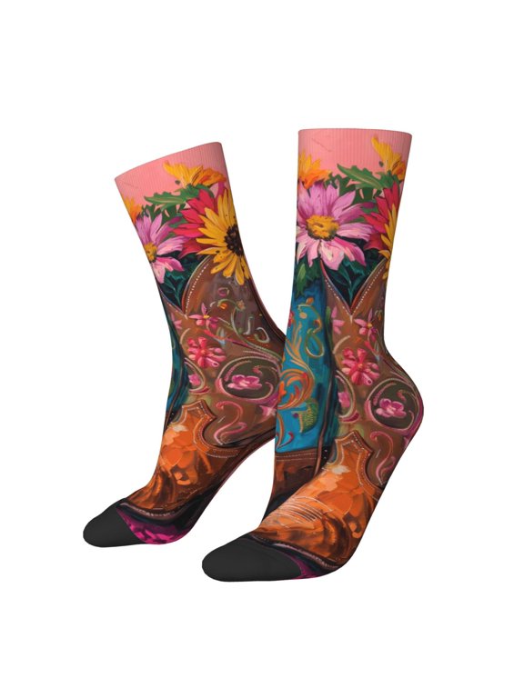 Cowboy Boots With Flowers Crew Socks for Men & Women, Breathable Casual Athletic Ankle Socks