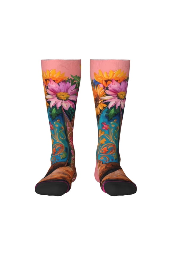 Cowboy Boots With Flowers Knee Socks, High Socks Long Stretchy Sock Women Knee High Stocking, Long Socks for Women