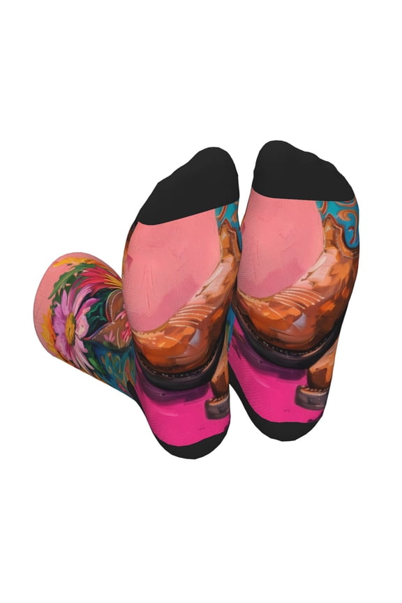 Cowboy Boots With Flowers Unisex Crew Socks Lightweight Breathable Ventilation Ankle Socks, Mid-calf socks for Daily