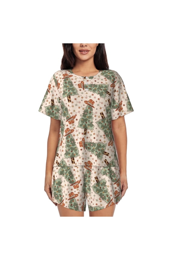 Cowboy Christmas Trees Pattern Womens Pajamas 2 Piece Short Sleeve Sleepwear Set,Summer Soft Pajamas Set Casual Lounge Sets, 2-Piece Pj -Large