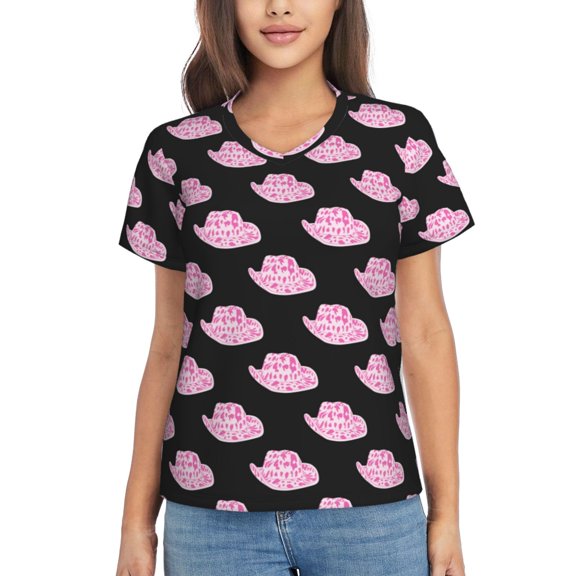 Vsdgher Cowboy Hat Women Shirts V Neck Short Sleeve Tops T-Shirt Basic Tees, S to 3XLSmall
