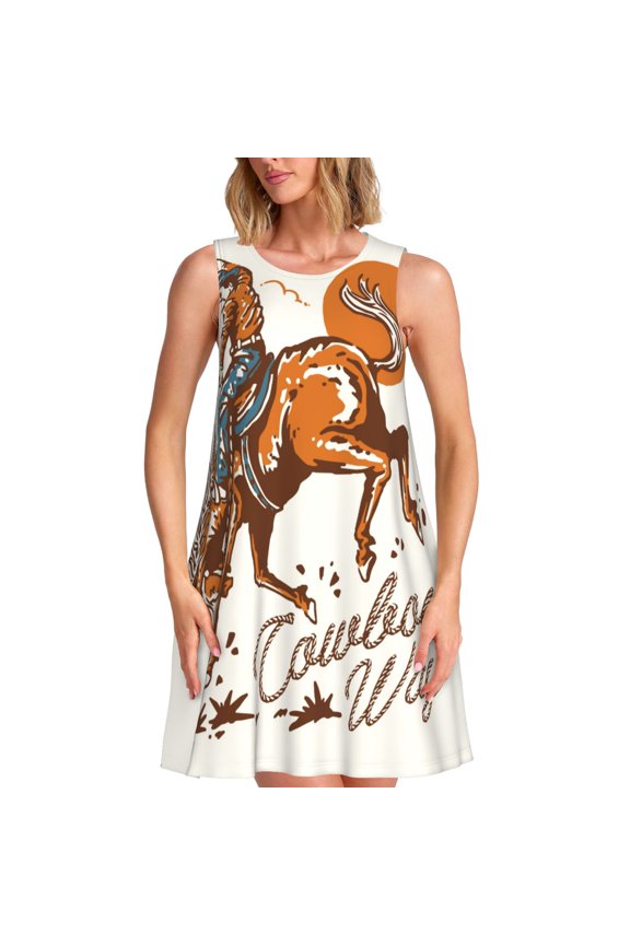 Cowboy Riding Horse Print Summer Dresses for Women Casual U Neck Beach Dress Sleeveless Tank Loose Sundress with Pocket -XX-Large