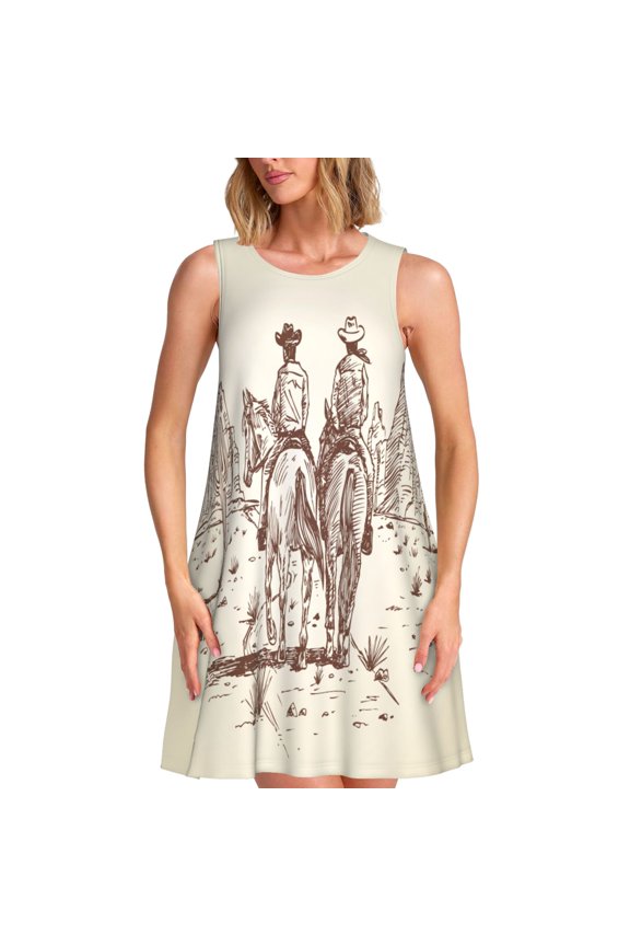 Cowboys Riding Horses Print Summer Dresses for Women Casual U Neck Beach Dress Sleeveless Tank Loose Sundress with Pocket -Large