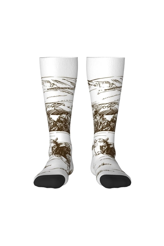 Cows Grazing On The Meadow 2 Knee Socks, High Socks Long Stretchy Sock Women Knee High Stocking, Long Socks for Women