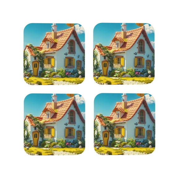 Vsdgher Cozy Cartoon Backyard Leather Coasters for Drinks, Durable Drink Coasters 4 Set for Tabletop Protection, Luxurious Home Décor and Housewarming Gift ( {designName})Square