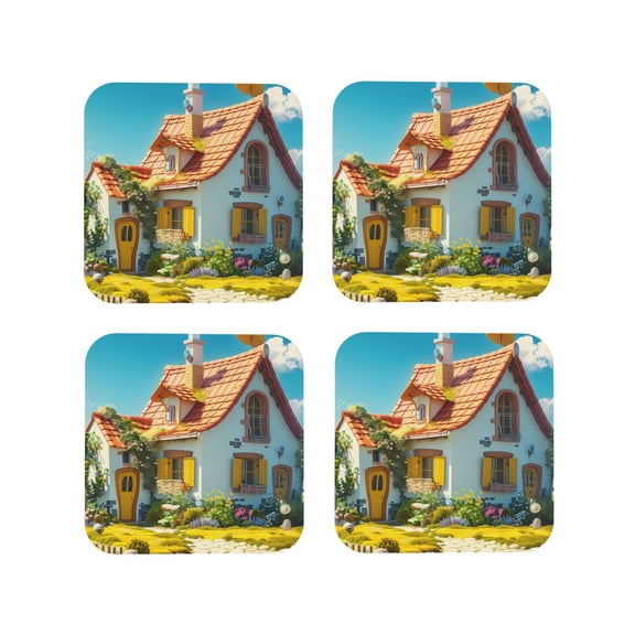Vsdgher Cozy Cartoon Backyard Leather Coasters for Drinks, Durable Drink Coasters 4 Set for Tabletop Protection, Luxurious Home Décor and Housewarming Gift ( {designName})Square