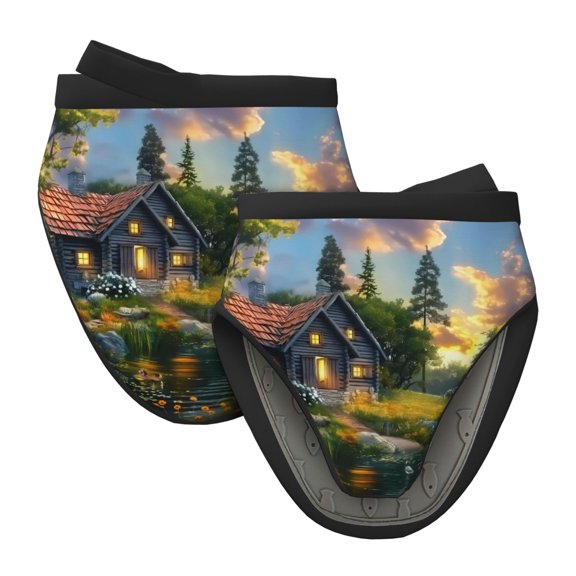 Vsdgher Cozy Cottage Lakeside Sunset Non-Slip Mini Oven Mitt Set, Short Oven Mitts for Baking Grilling Barbecue Microwave, 5.9"x5.9"in