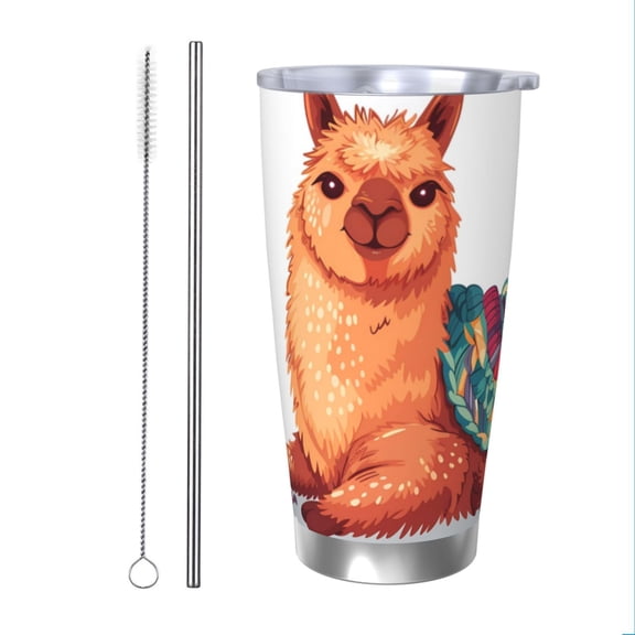 Vsdgher Cozy Knitting Llama 20 Oz Stainless Steel Vacuum Insulated, Travel Mug Coffee Cup for Home, Office, Outdoor Works Great for Ice Drinks and Hot Beverage -Straw Two-piece Set