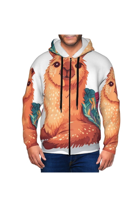 Cozy Knitting Llama Mens Hoodies Zip Hoodie, Hoodies for Men, Zip-up Hooded Sweatshirt-X-Large
