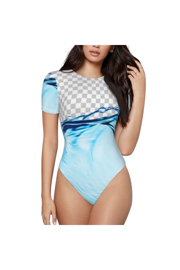 Crystal Clear Water Splash Prinr Short Sleeve Body suit for Womens, Sexy Onesie One Piece Round Neck Bodysuit Shapewear Tummy Control-Large
