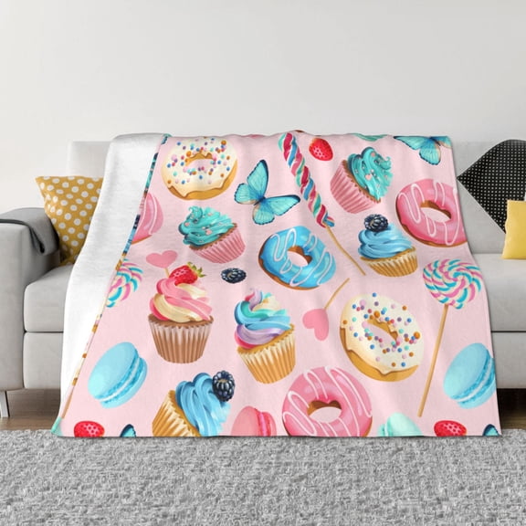 Vsdgher Cupcakes and Donuts Pattern Fleece Throw Blanket, Horizontal Fleece Bedding Home Decor for Couch & Bed All Season Use -40"x30"