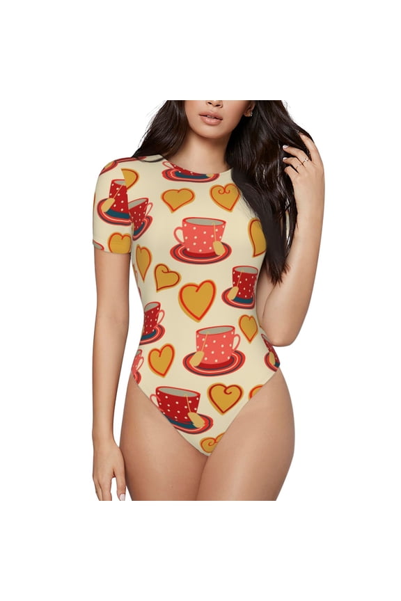 Cups of Tea Prinr Short Sleeve Body suit for Womens, Sexy Onesie One Piece Round Neck Bodysuit Shapewear Tummy Control-X-Large