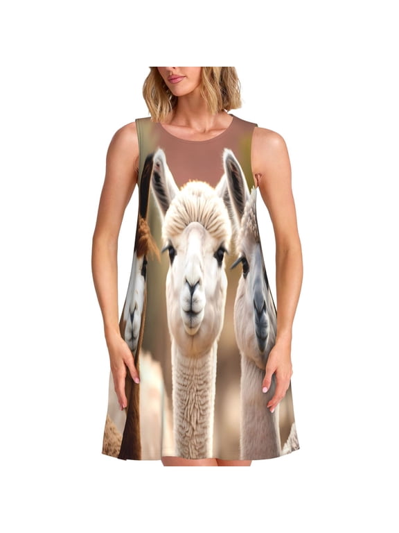 Cute Alpaca in Daze Print Summer Dresses for Women Casual U Neck Beach Dress Sleeveless Tank Loose Sundress with Pocket -Medium